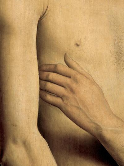 Binnenluiken: paneel met Adam (nog niet gerestaureerd), detail