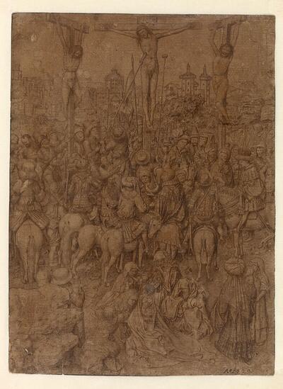Jan van Eyck, Kruisiging van Christus, ca. 1440-1450, goudstift, zilverstift, pen en zwarte inkt op geprepareerd papier, 254 x 187 mm