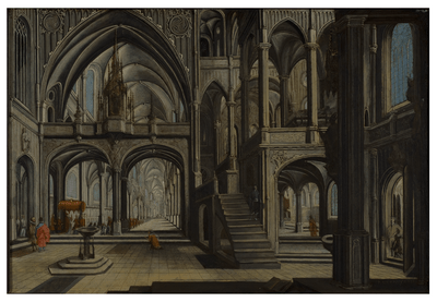 Pieter Neefs I naar Jan van Londerseel, Interieur van een kerk met een processie, olieverf op koper