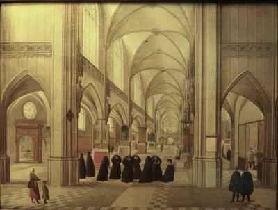 Abel Grimmer, Het interieur van een kathedraal met een kerkgang, gedateerd onderaan rechts op de pilaar ‘1589’, olieverf op paneel