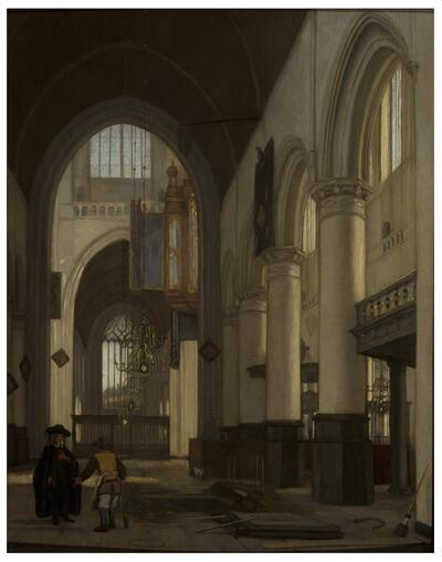 Emanuel de Witte, Interieur van de Oude Kerk in Amsterdam met een grafdelver, gesigneerd en gedateerd linksonder ‘1578’, olieverf op paneel