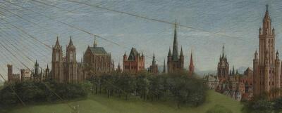 Detail van het centrale paneel met De Aanbidding van het Lam Gods