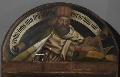 Het paneel met de profeet Zacharias’ tijdens de tests voor de reiniging van de oude vernislagen