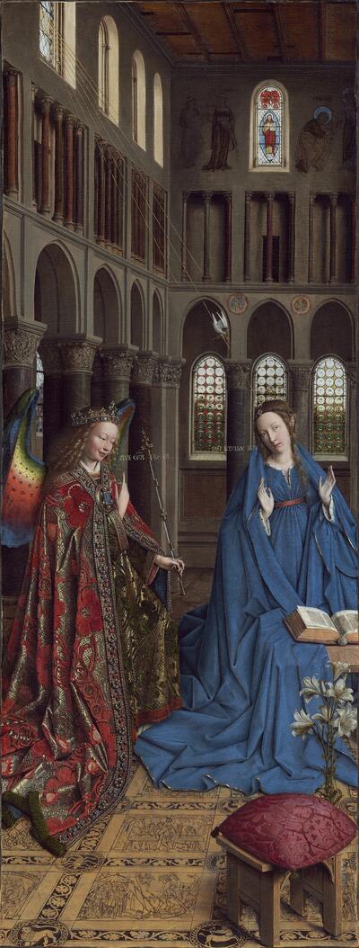 Jan van Eyck, De Annunciatie, ca. 1434-1436, olieverf op paneel, overgebracht op doek, 92,7 x 36,7 cm
