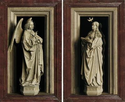 Jan van Eyck, De Annunciatie diptiek, ca. 1433-1435, olieverf op paneel, linker paneel: 38,8 x 23,2 cm, rechter paneel: 39 x 24 cm
