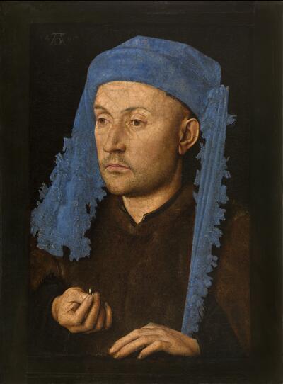 Jan van Eyck, Portret van een man met blauwe kaproen, ca. 1428-1430, olieverf op paneel, 22 x 17 cm