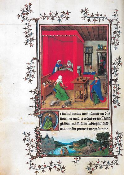 Hand G (Jan van Eyck (?), Geboorte van Johannes, ca. 1424 in: Très belles heures de Nôtre-Dame de Jean de Berry (Milaan-Turijn getijdenboek), fol. 93 v, tempera, goud en inkt op perkament, 284 x 203 mm.