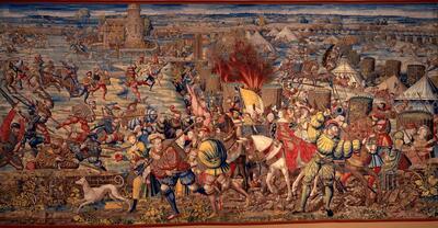 Bernard van Orley, De slag bij Pavia: invasie van het Franse kamp en vlucht van de burgerbevolking, ca. 1528-1531