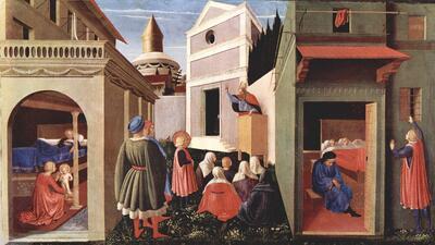 Fra Angelico, Scènes uit het leven van de heilige Nicolaas van Bari, ca. 1437, tempera op paneel, 35 x 61,5 cm