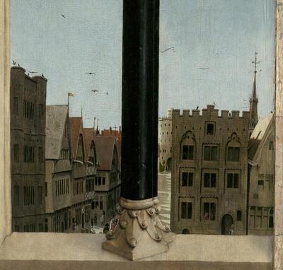 Buitenluiken: paneel met een interieur met doorkijk op een straat, detail