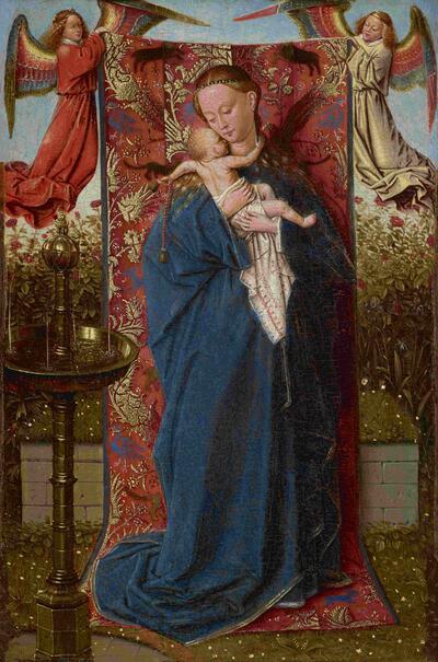 Jan van Eyck en atelier, De Madonna bij de fontein, ca. 1440, olieverf op paneel, 21,3 x 17,2 cm