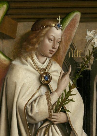 Buitenluiken: paneel met de Boodschap van de engel Gabriël, detail