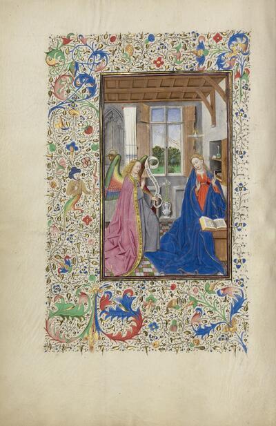 Meester van het Llangattock Getijdenboek en Willem Vrelant, Het Llangattock-getijdenboek, ca. 1450, De Annunciatie, tempera, bladgoud, goudverf en inkt op perkament, 264 x 184 mm