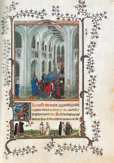 Jan van Eyck (?), Dodenmis, ca. 1424 in: Très belles heures de Nôtre-Dame de Jean de Berry (Milaan-Turijn getijdenboek), fol. 116r, perkament, 284 x 203 mm.