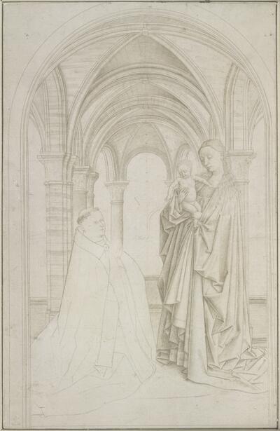 Anoniem (Zuidelijke Nederlanden) naar Jan van Eyck, De Madonna van Nicolaes van Maelbeke, ca. 1450, zilverstift met gedeeltelijke, lichte gele wassing op gegrondeerd papier, 278 x 180 mm