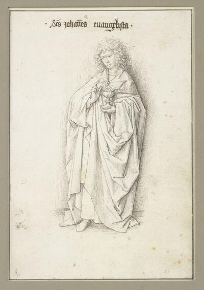 Atelier van Jan van Eyck, Johannes de Evangelist, uit de reeks: De twaalf apostelen, ca. 1440, pen en grijsbruine inkt, over een voortekening in zwarte metaalstift, op papier, 203 x 139 mm