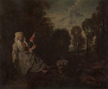 Jean Antoine Watteau - Avondlandschap met spinster