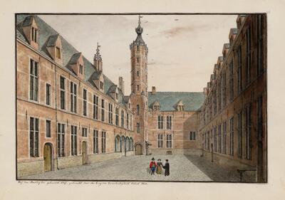 Zicht op de binnenkoer van het Hof van Busleyden langs de zijde van de Frederik de Merodestraat, ca. 1620, pentekening en aquarel