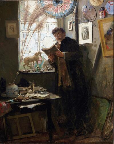 Alfred Stevens, Claude Lemonnier in het atelier van de kunstenaar. 