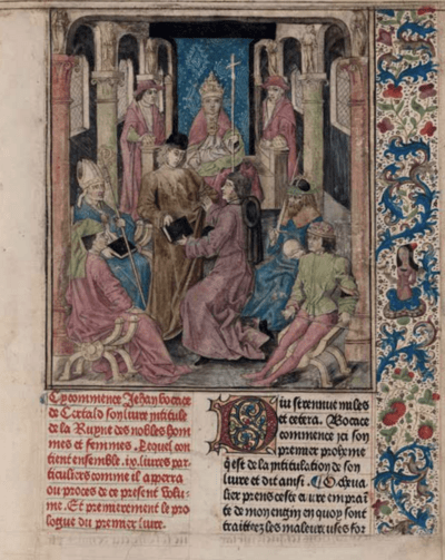 Giovanni Boccaccio, De la ruyne des nobles hommse et femmes, (Franse vertaling van De casibus illustrium virorum et mulierum), incunabel, Colard Mansion, 1476 Boston, Museum of Fine Arts, Harvey D. Parker CollectionHarvey Drury Parker Fund,, inv. nr. 32.458