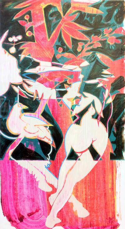 Stephanie Gildemyn, Nimf & sater-duo, 2017-2018, acrylverf op linnen, opgespannen, 190 x 105 cm