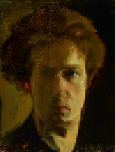 Links: Gustave Van de Woestyne, Zelfportret, 1899-1900, olieverf op paneel, 51,9 x 12 cm Schenking van Huguette Van de Woestyne-Vanagt in 2020