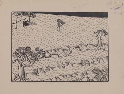 Gustave Van de Woestyne, Hoe Bruin met de boodschap naar Reinaert gezonden wordt en hoe hij hem aanspreekt (illustratie bij de bewerking van Van den Vos Reynaerde door Stijn Streuvels), pen en penseel in Oost-Indische inkt op papier, annotatie in potlood en kleurpotlood, 228 x 302 mm