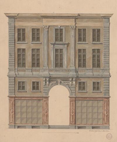 Pierre-Jacques Goetghebuer, Gevelopstand Vanderdoncktdoorgang, kant Vlaanderenstraat, 1860, aquarel