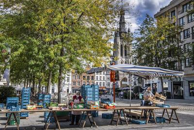 De sierlijke toren van de Sint-Maartenskerk in Kortrijk rijst hoog boven het commerciële gewoel
