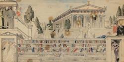 Maison Périer, de bibliotheek, Voorbereidende schets. Potlood, Oost-Indische inkt en aquarel op papier