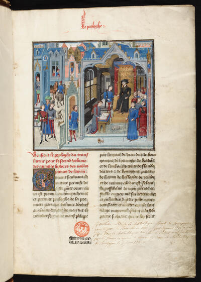 Jean Wauquelin, Chroniques de Hainaut (vol. 2) Zuidelijke Nederlanden, tweede helft van de vijftiende eeuw Toegeschreven aan Willem Vrelant KBR - ms. 9243, folio 1r: Filips de Goede luistert naar de voorlezing van de Chroniques de Hainaut De frontispiceminiatuur van het tweede volume van de Chroniques de Hainaut werd verlucht door Willem Vrelant. Het maakt deel uit van een indrukwekkend werk voor Filips de Goede dat bestond uit drie delen en waar in totaal vier kopiisten en meer dan tien verluchters aan wer
