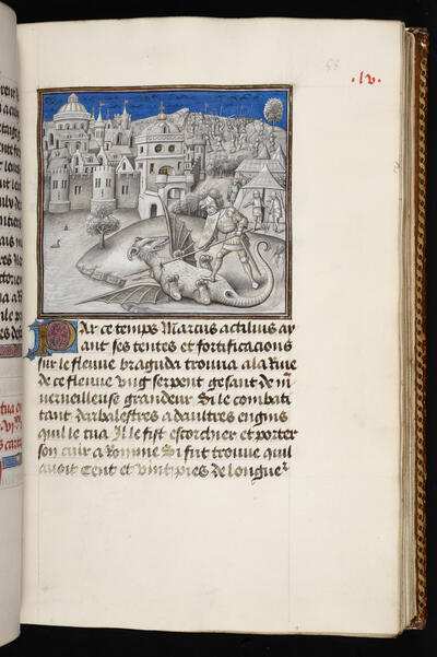 Leonardo Bruni d’Arezzo, La première guerre punique Franse versie van Jean Le Bègue Zuidelijke Nederlanden, tussen 1445 en 1467 KBR - ms. 10777, fol. 58r: Confrontatie tussen consul Marcus Actilius en een fantasiedier Deze Franse bewerking van Bruni’s De primo bello punico met invloeden van het humanisme relateert de feiten uit de eerste Punische oorlog tussen Rome en Carthago. Het exemplaar is een bestelling van Filips de Goede. Het is meesterlijk in grisaille verlucht door Willem Vrelant. Onder luchten va