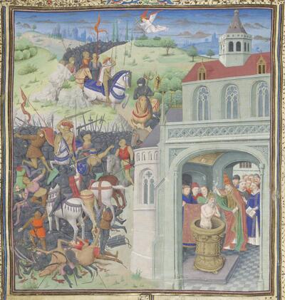 Jean Mansel, La Fleur des histoires (vol. 2) Zuidelijke Nederlanden, midden vijftiende eeuw Toegeschreven aan de Manselmeester KBR - ms. 9232, fol. 195v (detail)