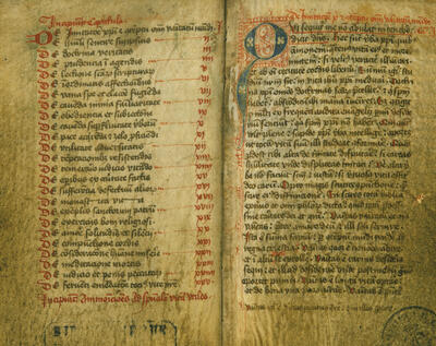 Thomas a Kempis, De imitatione Christi Zwolle, eerste helft van de vijftiende eeuw KBR - ms. 5855-61, ff. 3v-4r Thomas a Kempis gold als een van de belangrijkste vertegenwoordigers van de moderne devotie, een stroming die gelovigen aanzette tot het volgen van een sobere levensstijl. In deze bestseller avant la lettre mediteert hij in een eenvoudige taal over hoe mensen het voorbeeld van Christus kunnen volgen in hun dagelijks leven. Het handschrift is een autograaf: de auteur schreef de tekst eigenhandig op