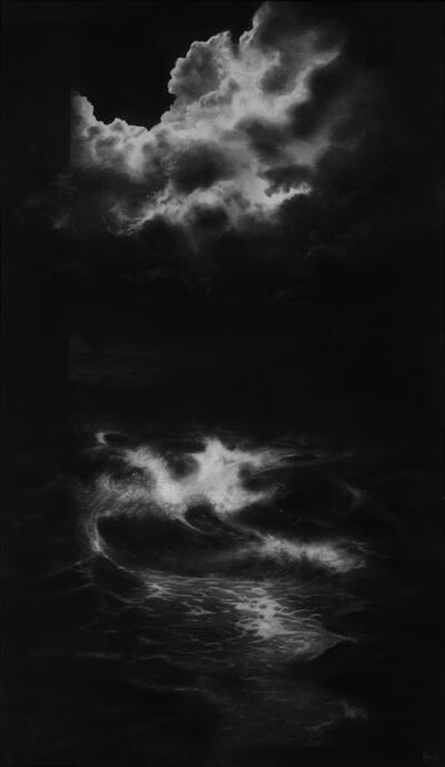 Kevin Vanwonterghem, (zonder titel), 2018, Houtskool op papier, 120 x 70 cm