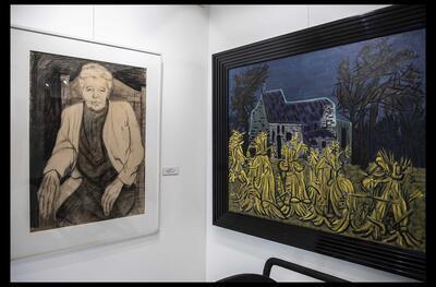 Links: Jan Vaerten, Mijn moeder, 1944, tekening op papier Rechts: Jan Vaerten, Korenschoven met kapel, 1949, olieverf op doek MUSEUM JAN VAERTEN BEERSE