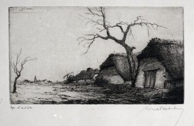Dirk Baksteen, De schuren, ets, 1929 MOL, JAKOB SMITSMUSEUM In de stille Kempen, op de purperen hei, staat een eenzaam huisje met een boom erbij (Eugeen De Ridder / Armand Preud’homme)