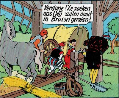 Willy Vandersteen De avonturen van Suske en Wiske, Het Spaanse Spook (voorpublicatie in Kuifje 1948-1950) De elegant geklede burger rechts is niemand minder dan Pieter Bruegel.