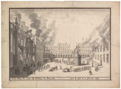 Zicht op de binnenkoer van het Coudenbergpaleis tijdens de brand op 3 februari 1731 KBR- Prentenkabinet, S.III 24727