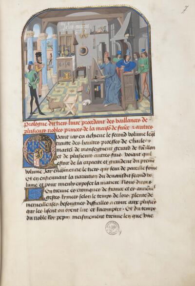 David Aubert, Histoire de Charles Martel (vol. 3) Zuidelijke Nederlanden, tweede helft van de vijftiende eeuw Toegeschreven aan Loyset Liédet KBR - ms. 8, fol. 7r: Karel de Stoute bezoekt David Aubert in zijn scriptorium