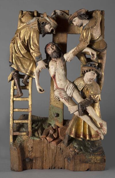Anoniem, Fragmenten van een of meerdere retabels van Bassine: Kruisdraging en Kruisafname Brabant, Antwerpen, ca. 1510-1520 Brussel, Koninklijke Musea voor Kunst en Geschiedenis, inv. 18RA153620.3629 en inv. 3629.2567
