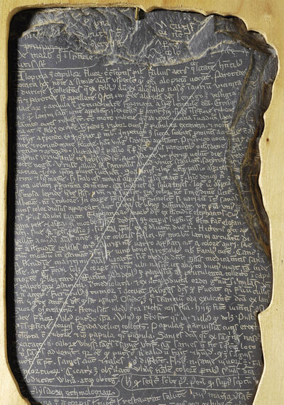 Lei van de abdij van Villers met Latijnse opschriften Zuidelijke Nederlanden (Brabant, abdij van Villers), tweede helft dertiende eeuw KBR - ms. II 1592 Dit stuk leisteen werd in 1894 ontdekt in de abdij van Villers. Het heeft Latijnse opschriften in een geschrift uit de dertiende eeuw. Op de leien staan enkele fragmenten uit een traktaat over geneeskunde en gebed. Het zijn waarschijnlijk aantekeningen van een tekst die later op perkament zou worden gekopieerd.