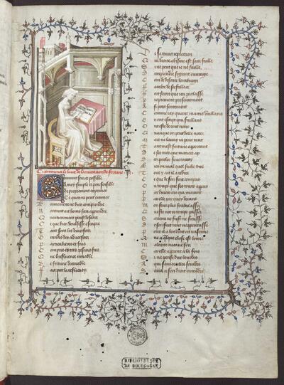 Christine de Pizan, Livre de la mutacion de Fortune Frankrijk, ca. 1403-1420 KBR - ms. 9508, fol. 2r De Librije huisvest meerdere autobiografische handschriften van Christine de Pizan. Ze was één van de eerste vrouwelijke auteurs die van haar pen kon leven. De schrijfster is hier afgebeeld terwijl ze bezig is aan het Livre de la mutacion de Fortune.