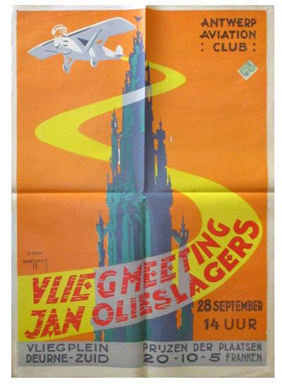 Affiche met de aankondiging van de vliegmeeting van Jan Olieslagers op 28 september 1929 in Antwerpen