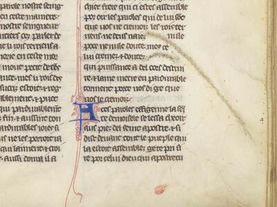 Een ‘litteken’, een wond of beschadiging in de huid van het dier, werd terug opengereten wanneer de huid werd opgespannen om het als perkament te laten drogen. Omdat perkament zo duur was, werd de huid niet weggegooid maar genaaid. De tekst is hier rond de ‘reparatie’ geschreven. Vies de saints Noord-Frankrijk, ca. 1240