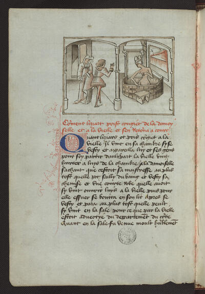 Jean de Wavrin, Roman de Girart de Nevers Zuidelijke Nederlanden, 1450-1467 Toegeschreven aan de Meester van Wavrin KBR - ms. 9631, fol.12v: Door een gaatje in de muur bespiedt Liziart Euryant en ziet hij op haar borst een bijzonder vlekje