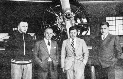 Van links naar rechts: ingenieur Yuri Ivanov, Jean Stampe, Léon Stampe en Maurice Vertongen Ivanov en Léon Stampe verongelukten met een SV-10 op 5 oktober 1934