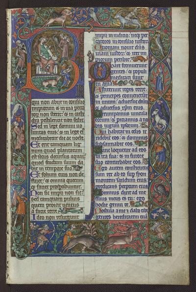Peterborough Psalter Engeland, eerste helft van de veertiende eeuw KBR - ms. 9961-62, fol. 14r: Koning David bespeelt de harp