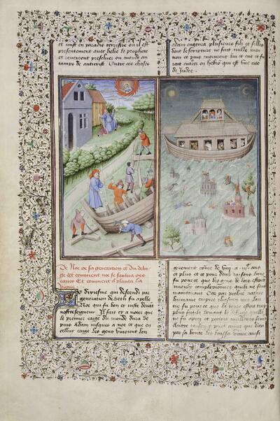 Jean Mansel, La Fleur des histoires Zuidelijke Nederlanden, midden vijftiende eeuw Toegeschreven aan de Manselmeester KBR - ms. 9231, fol. 11v: De Ark van Noach