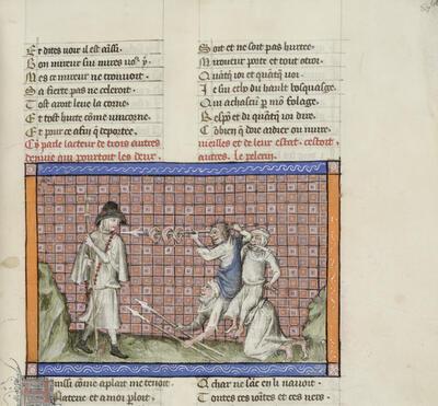 Guillaume de Digulleville, Pèlerinages de la vie humaine Noord-Frankrijk, ca. 1400 KBR - ms. 10176-78, fol. 68r: De pelgrim in confrontatie met Afgunst, met haar twee dochters Miskenning en Verraad op de rug
